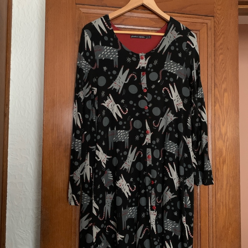 Gudrun Sjoden Cat Pattern Jersey Tunic Button Up Top Black, Gray, Maroon Medium